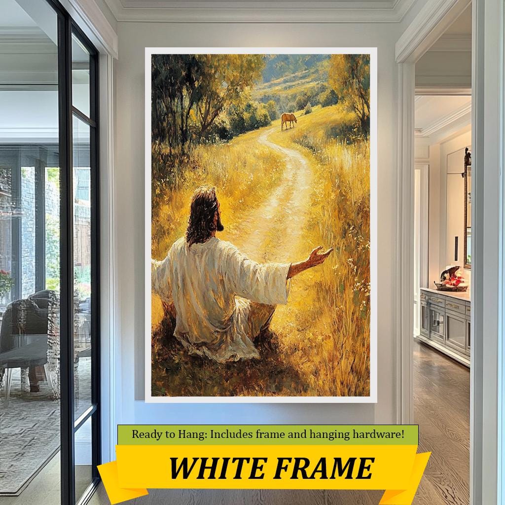 Jesus in Peaceful Meadow Artwork, Inspirational Christian Wall Art, Spiritual Landscape Painting for Home, Church, and Prayer Room Decor