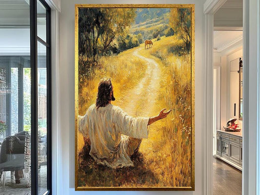 Jesus in Peaceful Meadow Artwork, Inspirational Christian Wall Art, Spiritual Landscape Painting for Home, Church, and Prayer Room Decor