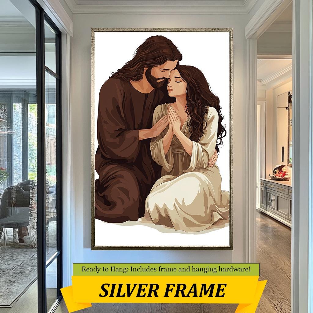 Jesus and Woman in Prayer Artwork, Inspirational Christian Wall Art, Spiritual Devotion Painting for Home and Prayer Room Décor