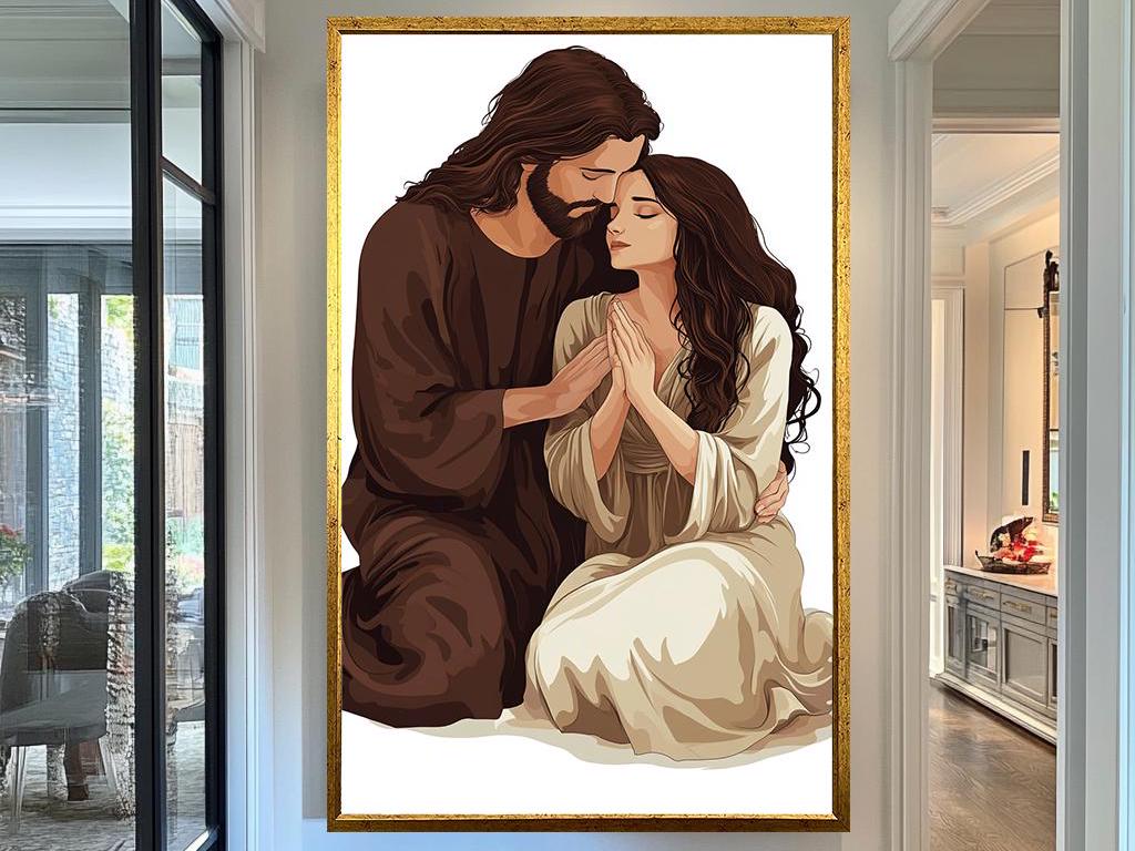 Jesus and Woman in Prayer Artwork, Inspirational Christian Wall Art, Spiritual Devotion Painting for Home and Prayer Room Décor