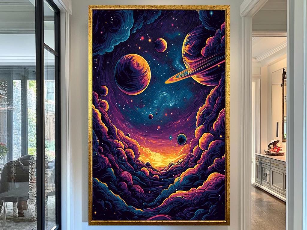 Galaxy Wall Art | Cosmic Canvas Decor Vibrant Galaxy Illustration with Planets and Clouds - Cosmic Digital Art for Home Decor