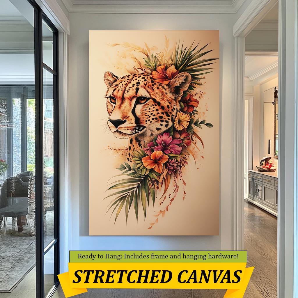 Tropical Flower Cheetah Wall Art - Elegant Animal Portrait Illustration for Home Decor - Safari Wall Decor | Cheetah wall decor | Cheetah