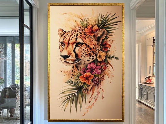 Tropical Flower Cheetah Wall Art - Elegant Animal Portrait Illustration for Home Decor - Safari Wall Decor | Cheetah wall decor | Cheetah