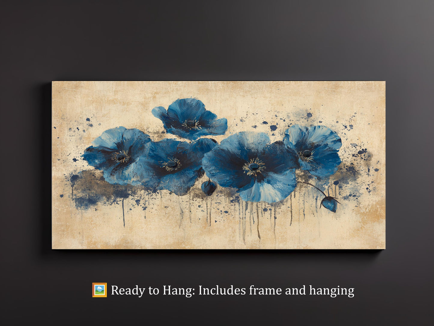 Abstract Blue Flower Canvas Wall Art, Hand-Painted Floral Artwork, Modern Boho Painting for Home Decor, Large Blue Poppy Art for Living Room