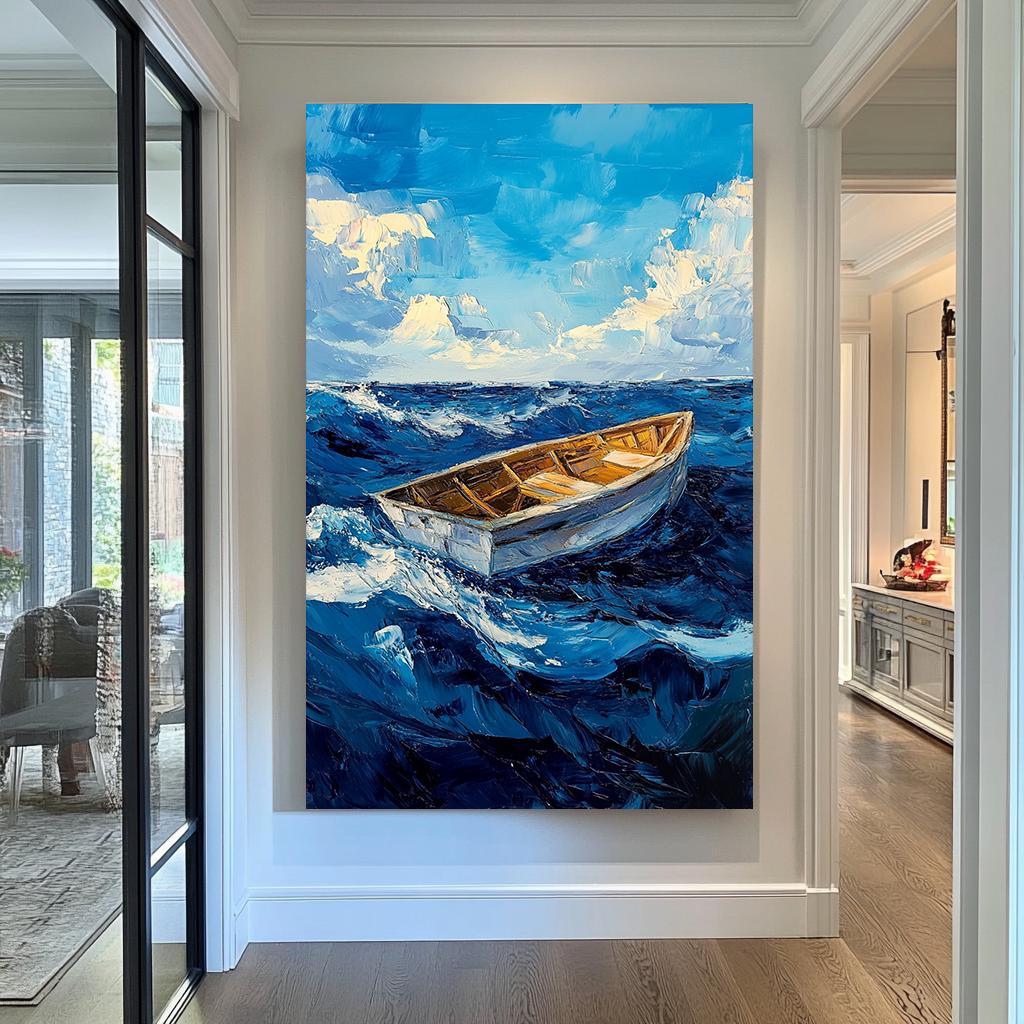 Boat on Stormy Sea Canvas Art, Hand-Painted Ocean Scene, Dramatic Nautical Wall Decor, Abstract Seascape Artwork for Home or Office