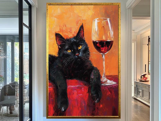 Black Cat Canvas Art, Hand-Painted Cat and Wine Artwork, Vibrant Abstract Feline Painting, Modern Wall Decor for Cat Lovers