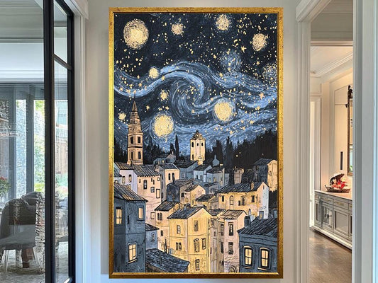 Starry Night Over Old Town Canvas Art, Hand-Painted Starry Sky Artwork, Vintage Townscape Painting, Dreamy Wall Decor for Home or Office