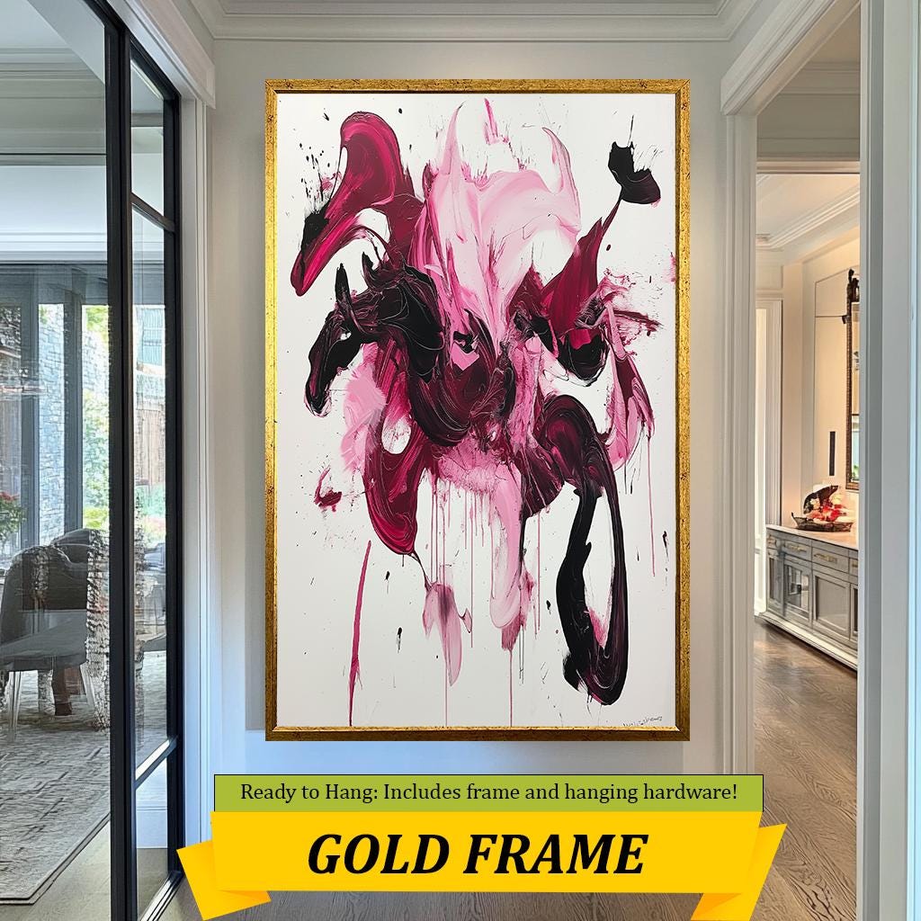 Bold Abstract Brushstroke Canvas  Deep Red and Pink Splashes with Black Accents for Modern Artistic Wall Decor