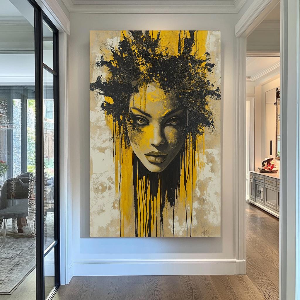 Abstract Woman Canvas Art, Bold Yellow and Black Portrait Painting, Modern Textured Artwork, Unique Wall Decor for Home or Office