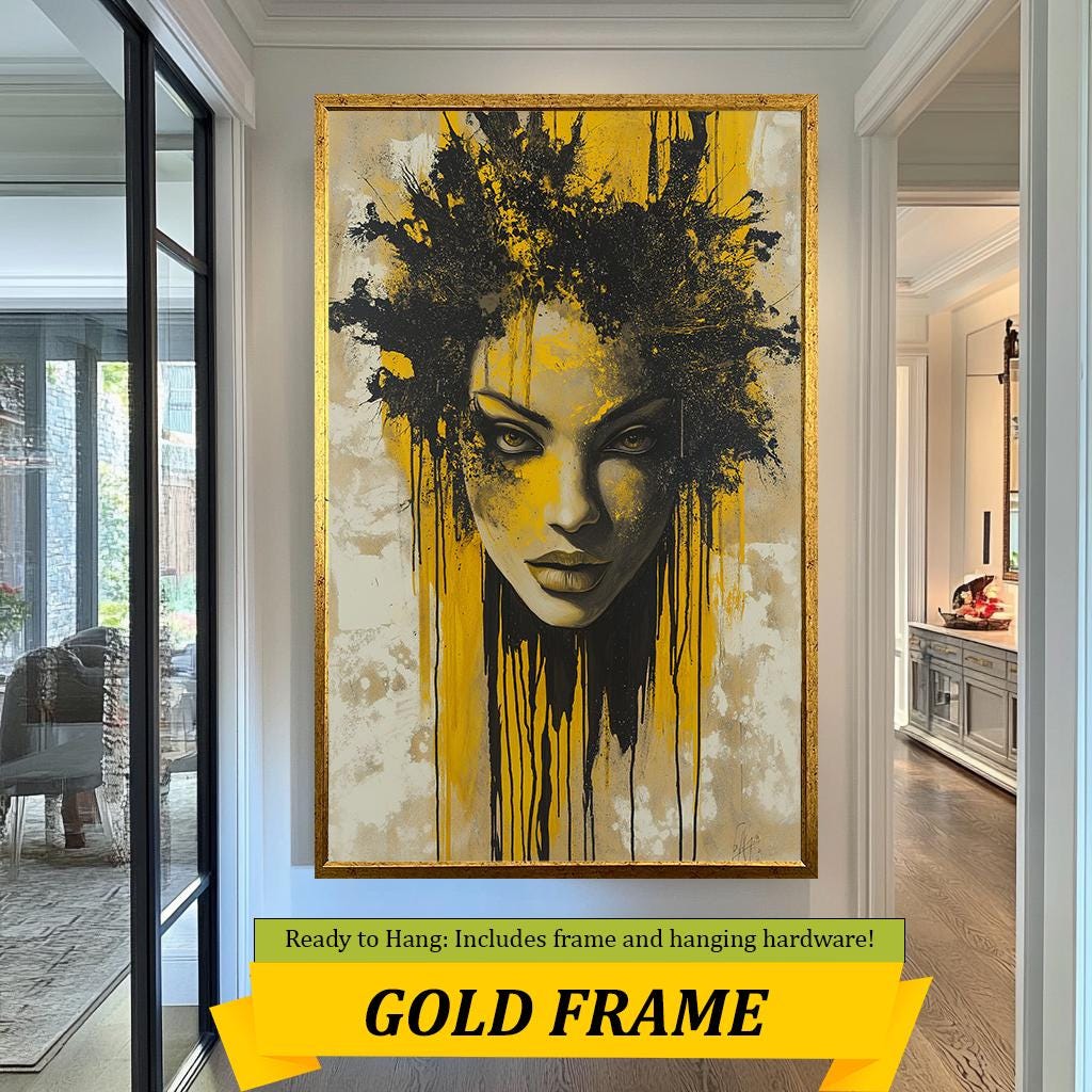 Abstract Woman Canvas Art, Bold Yellow and Black Portrait Painting, Modern Textured Artwork, Unique Wall Decor for Home or Office