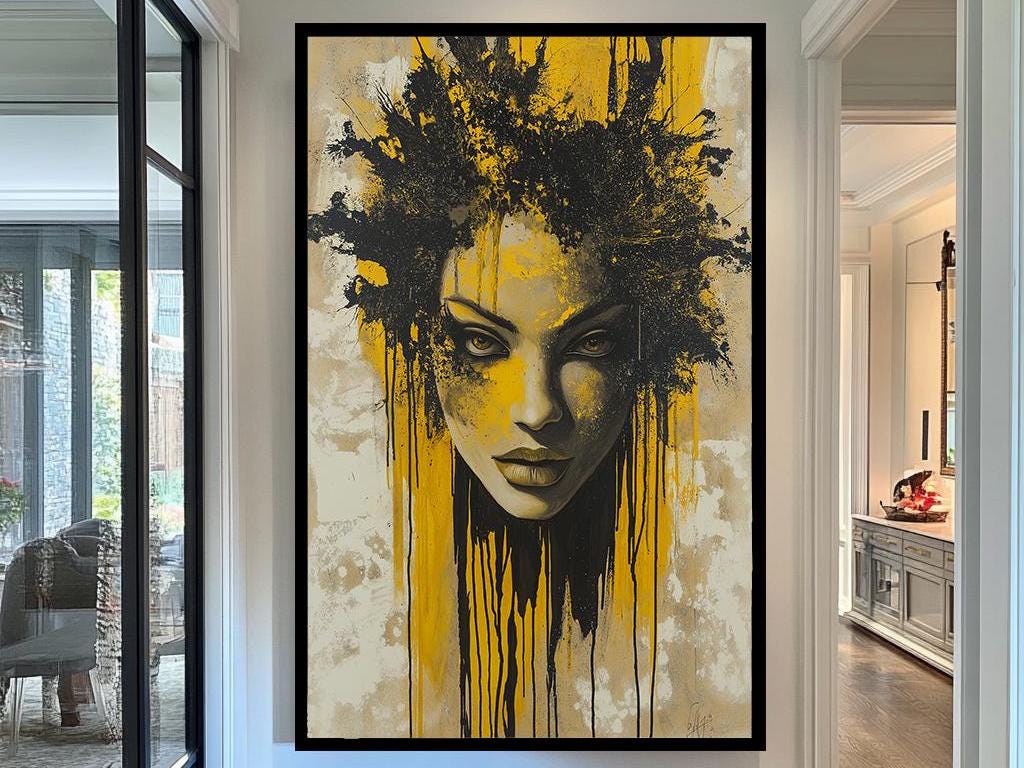 Abstract Woman Canvas Art, Bold Yellow and Black Portrait Painting, Modern Textured Artwork, Unique Wall Decor for Home or Office