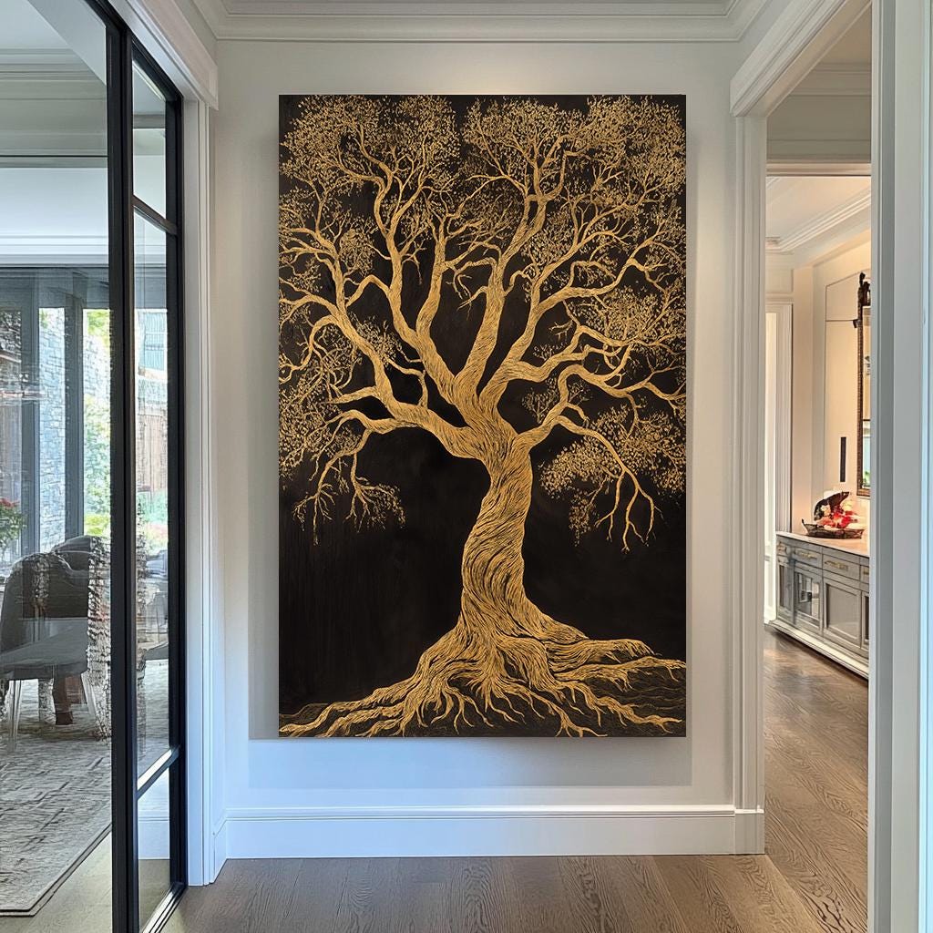 Golden Tree Canvas Art, Elegant Abstract Nature Painting, Luxurious Gold on Black Wall Decor, Modern Tree of Life Artwork