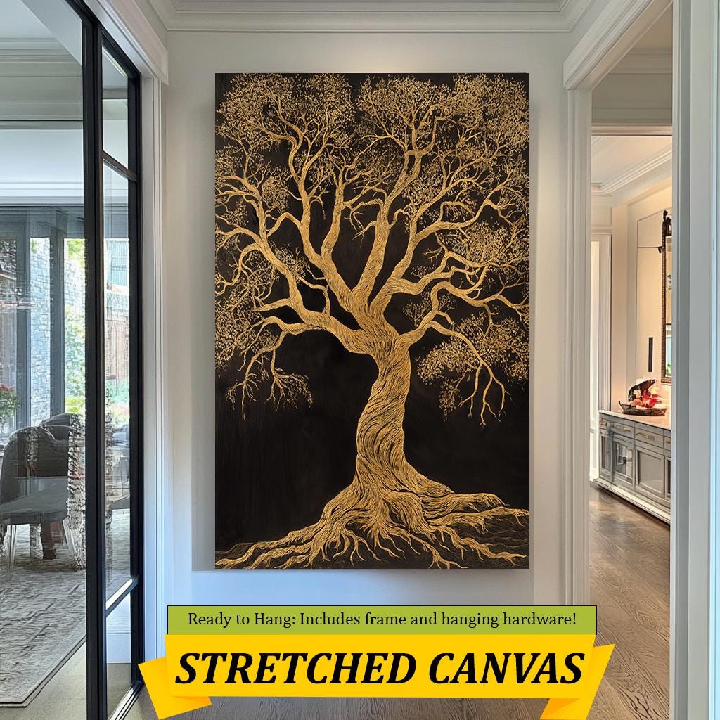 Golden Tree Canvas Art, Elegant Abstract Nature Painting, Luxurious Gold on Black Wall Decor, Modern Tree of Life Artwork