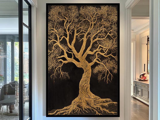 Golden Tree Canvas Art, Elegant Abstract Nature Painting, Luxurious Gold on Black Wall Decor, Modern Tree of Life Artwork