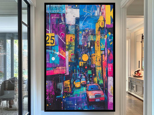 Vivid Cityscape Canvas Art, Vibrant Urban Street Scene, Modern Abstract City Night Wall Decor, Colorful Dynamic Artwork