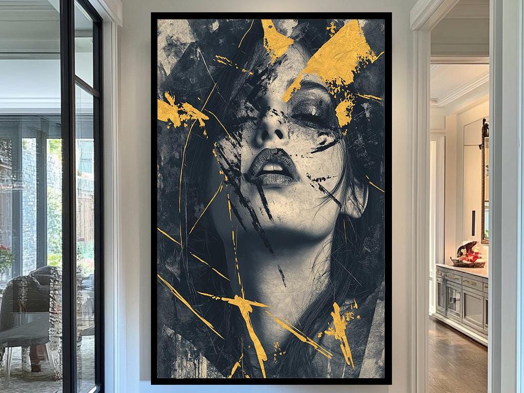 Golden Brushstroke Portrait Canvas, Modern Abstract Woman Artwork, Black and Gold Textured Wall Art, Contemporary Home Decor