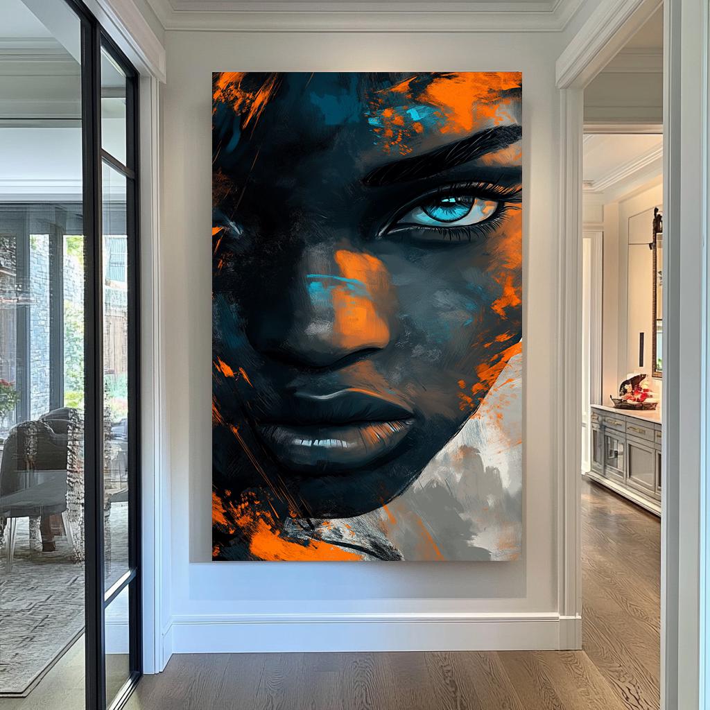 Vivid Expression Canvas  Abstract Portrait Wall Art in Bold Blue and Orange Brushstrokes, Modern Statement Artwork for Home Decor