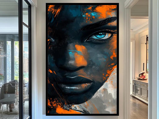 Vivid Expression Canvas  Abstract Portrait Wall Art in Bold Blue and Orange Brushstrokes, Modern Statement Artwork for Home Decor