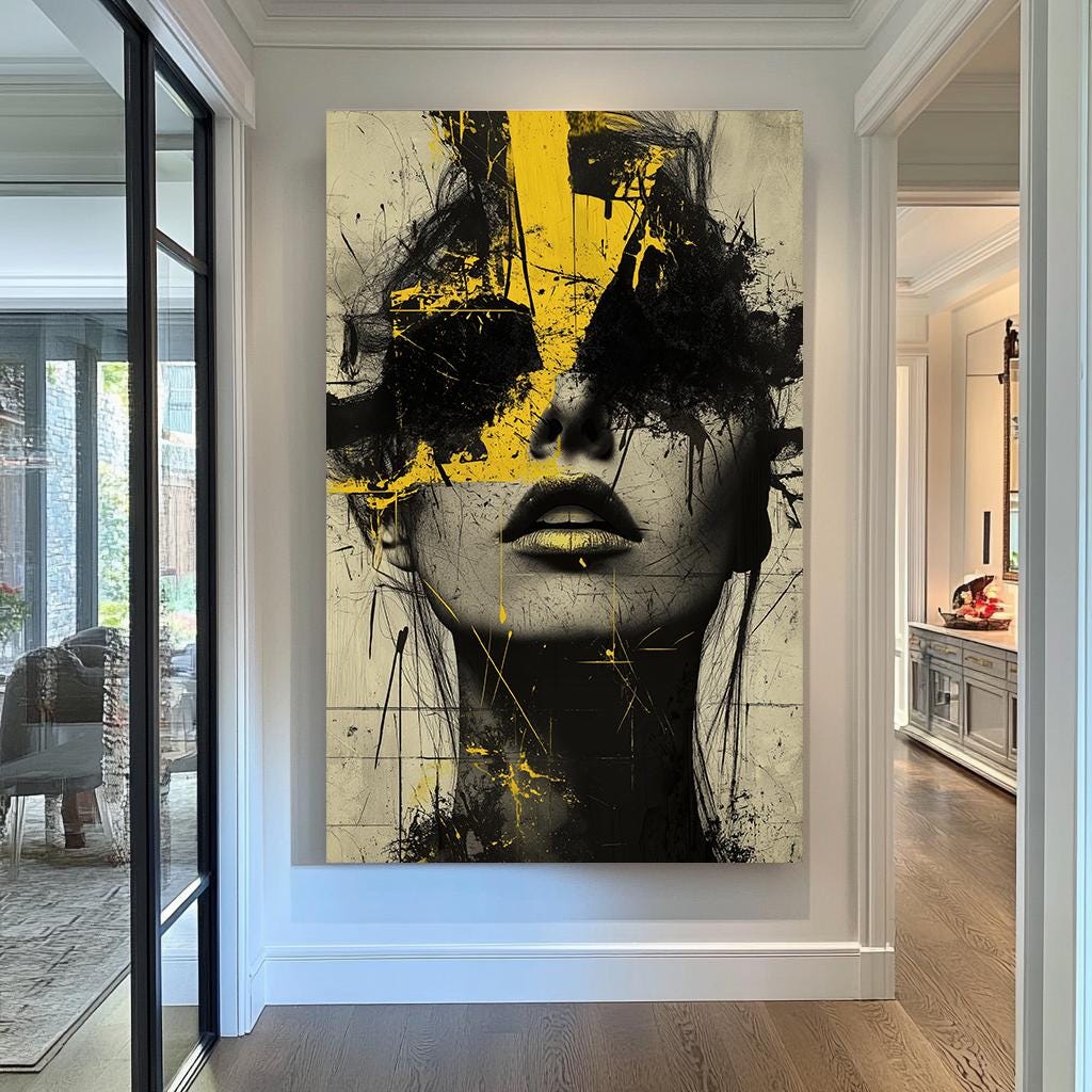 Abstract Yellow Portrait Canvas  Bold Modern Artwork Featuring Striking Yellow and Black Brushstrokes Over a Textured Female Face