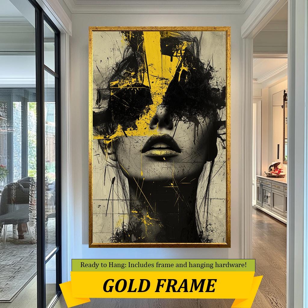 Abstract Yellow Portrait Canvas  Bold Modern Artwork Featuring Striking Yellow and Black Brushstrokes Over a Textured Female Face