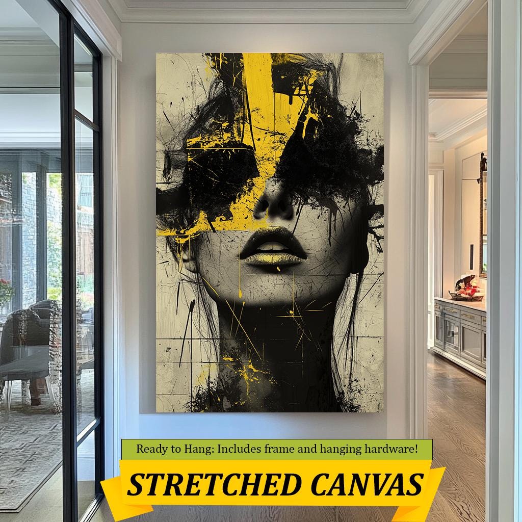 Abstract Yellow Portrait Canvas  Bold Modern Artwork Featuring Striking Yellow and Black Brushstrokes Over a Textured Female Face