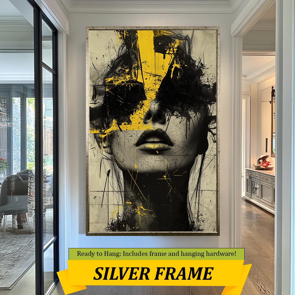 Abstract Yellow Portrait Canvas  Bold Modern Artwork Featuring Striking Yellow and Black Brushstrokes Over a Textured Female Face