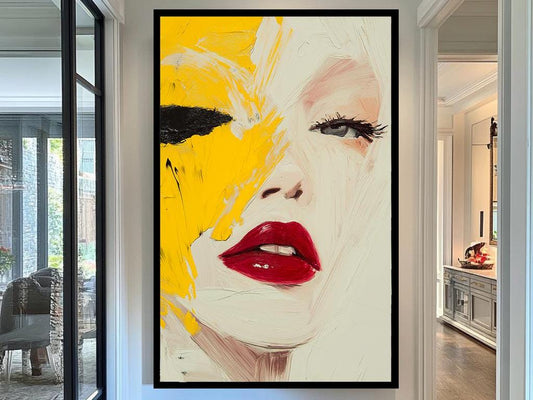 Abstract Portrait Wall Art  Bold Brushstroke Female Face Canvas with Vibrant Yellow and Red Accents, Modern Artistic Home Decor