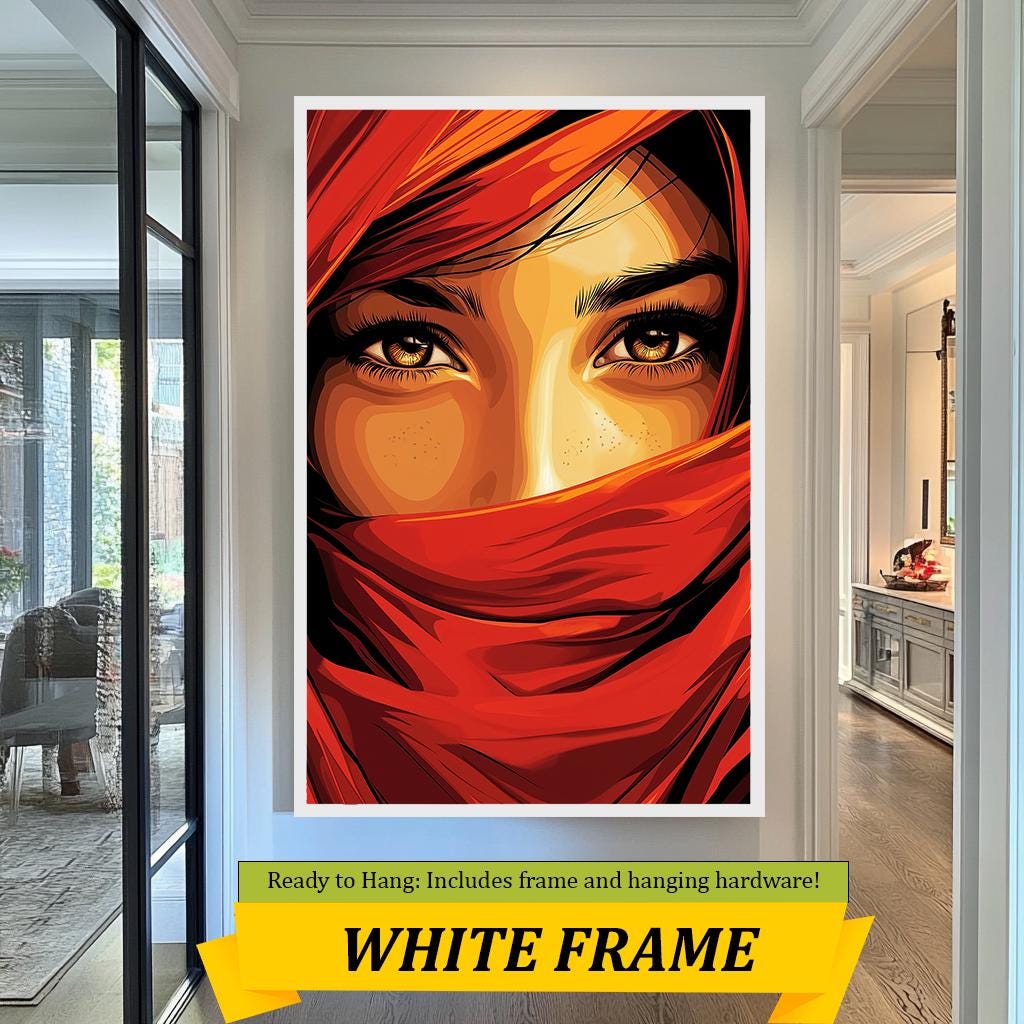 Fiery Eyes Wall Art  Bold Red and Orange Portrait Canvas, Striking Middle Eastern-Inspired Design for Modern Home Decor