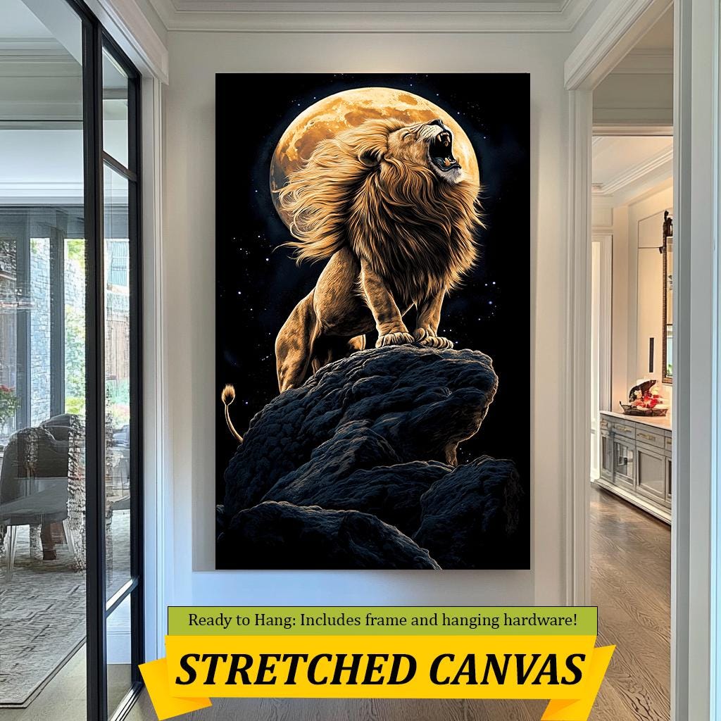 Lion Roaring at Moon Canvas  Lion Moon Canvas Art | Majestic Wildlife Wall Art for Bold and Dramatic Home Decor | Wildlife Print