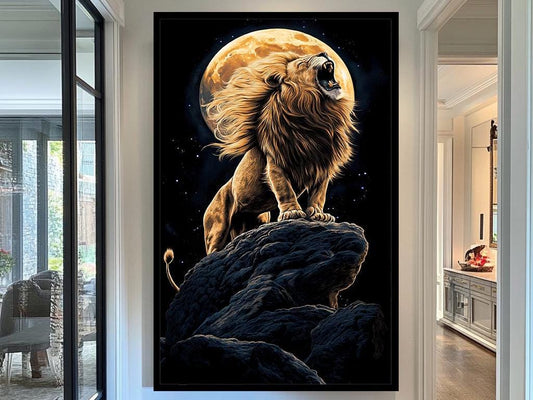 Lion Roaring at Moon Canvas  Lion Moon Canvas Art | Majestic Wildlife Wall Art for Bold and Dramatic Home Decor | Wildlife Print