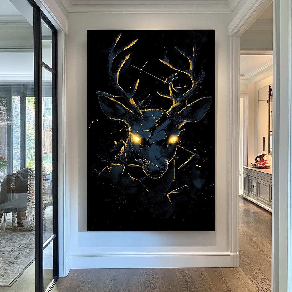 Golden-Eyed Deer Wall Art Print, Mystical Animal Canvas, Shattered Glow Design, Wildlife Home Decor, Black and Gold Poster