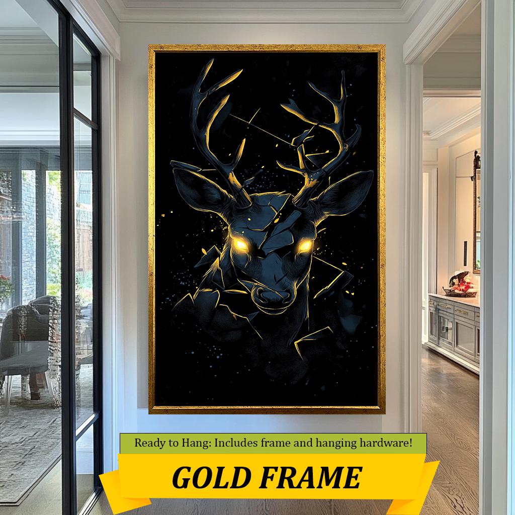 Golden-Eyed Deer Wall Art Print, Mystical Animal Canvas, Shattered Glow Design, Wildlife Home Decor, Black and Gold Poster