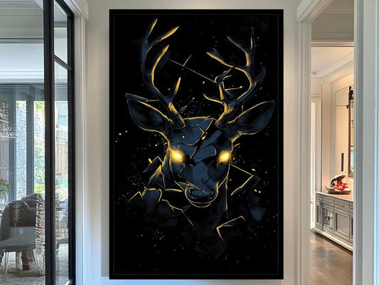 Golden-Eyed Deer Wall Art Print, Mystical Animal Canvas, Shattered Glow Design, Wildlife Home Decor, Black and Gold Poster