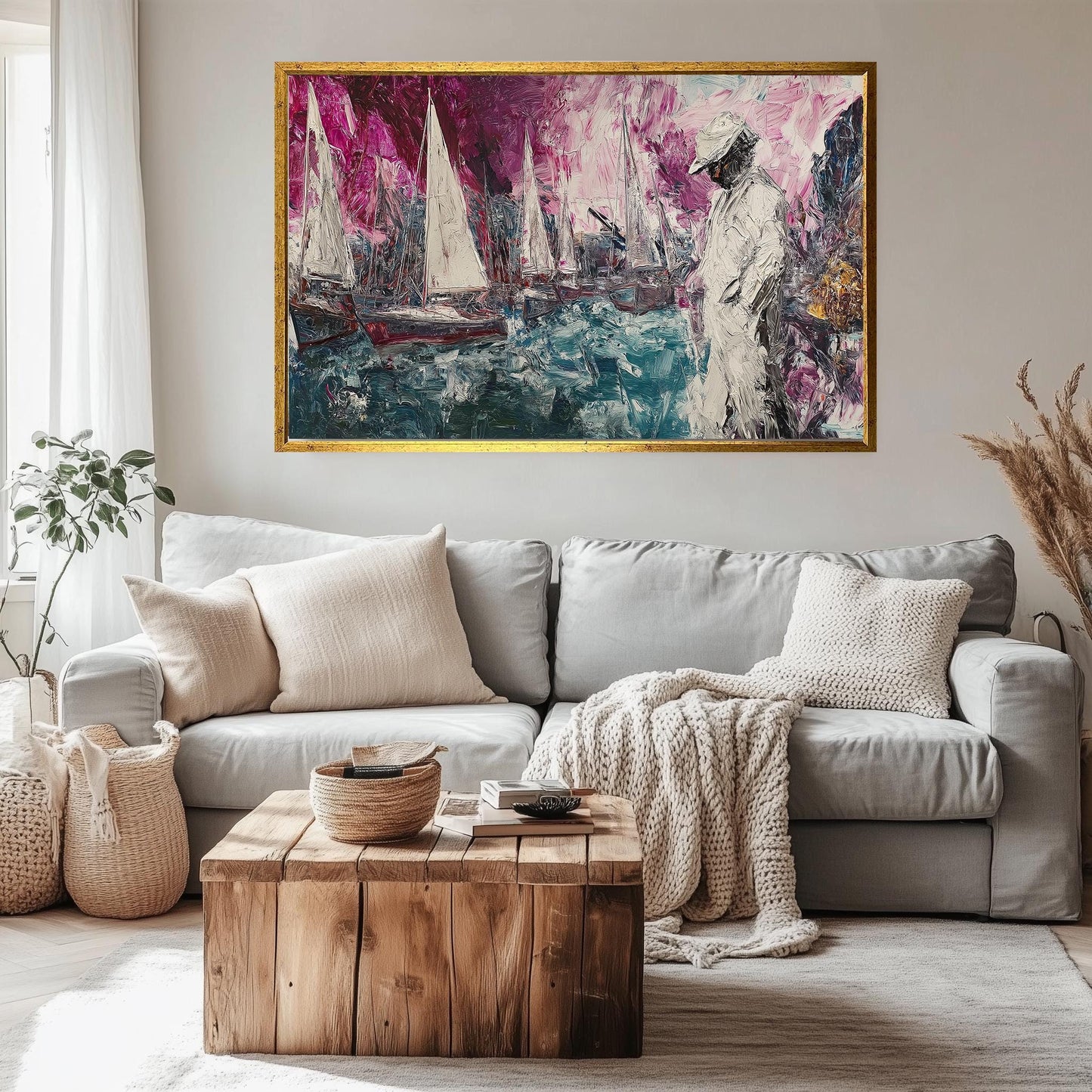 Impressionist Nautical Wall Art with Sailboats and Figure  Textured Abstract Canvas Painting  Vibrant Coastal Artwork for Home Décor