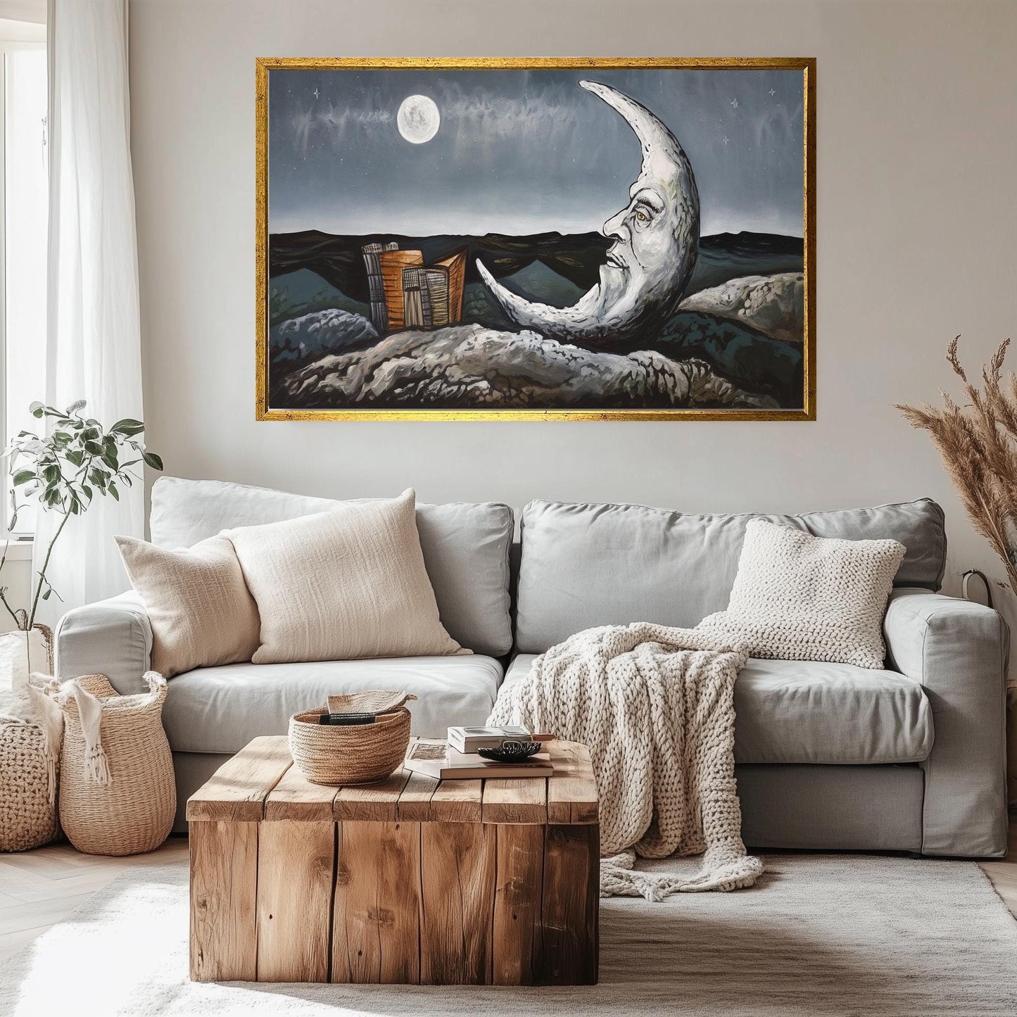 Surreal Moon Face Painting, Dreamlike Night Sky Wall Art, Mystical Landscape Print, Whimsical Celestial Decor, Fantasy Moon Artwork