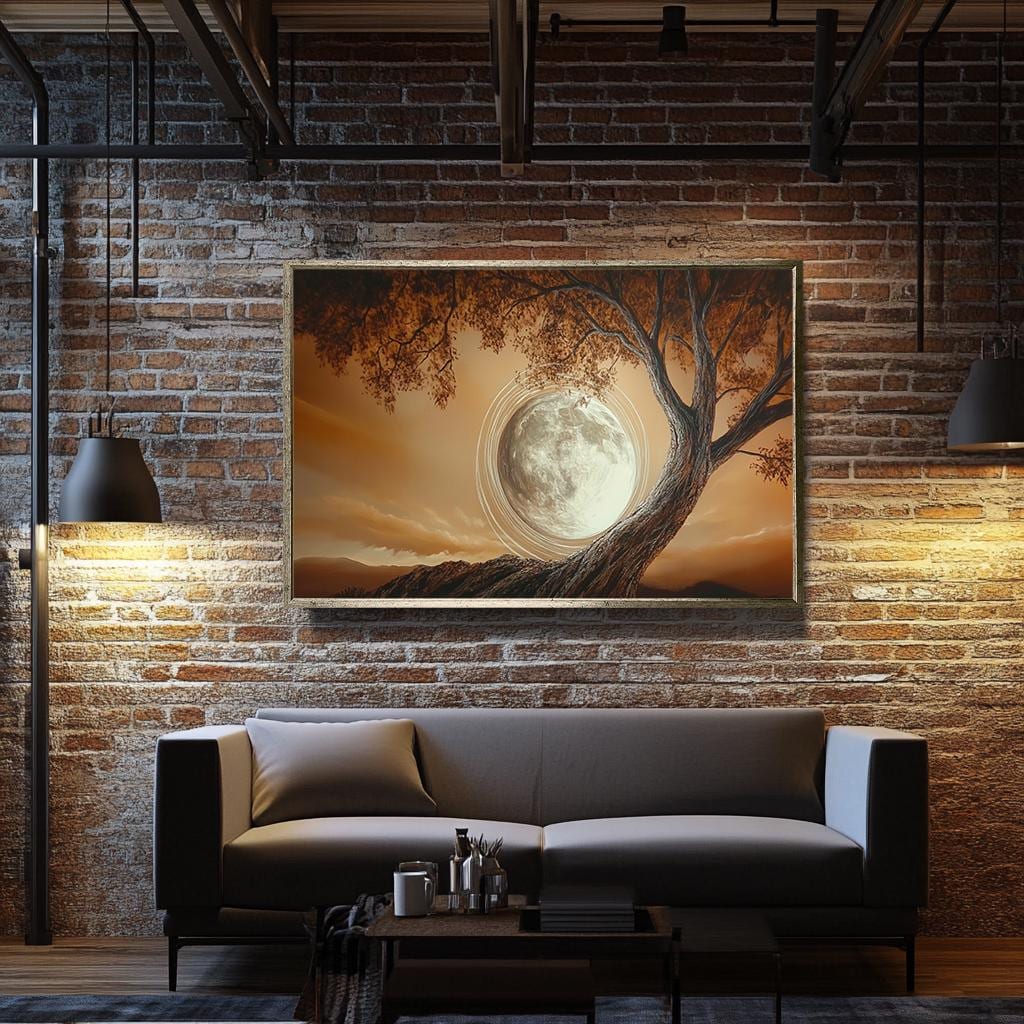 Enchanted Full Moon Tree Art, Mystical Nature Wall Decor, Earthy Toned Landscape Painting, Serene Moonlit Artwork, Dreamy Night Sky