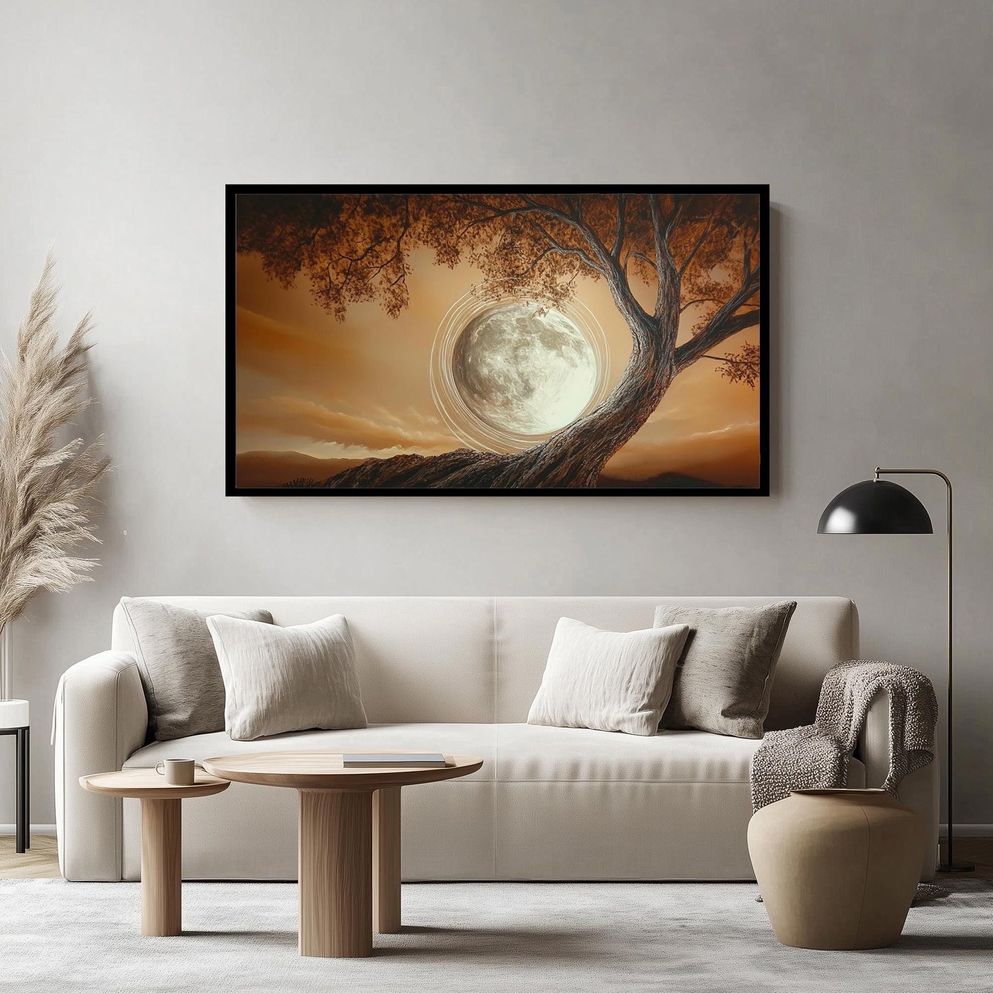 Enchanted Full Moon Tree Art, Mystical Nature Wall Decor, Earthy Toned Landscape Painting, Serene Moonlit Artwork, Dreamy Night Sky