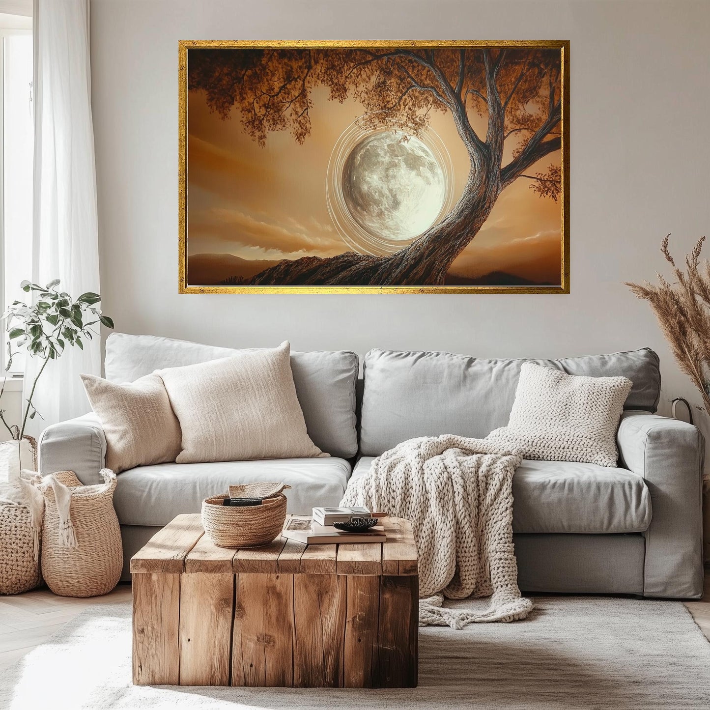 Enchanted Full Moon Tree Art, Mystical Nature Wall Decor, Earthy Toned Landscape Painting, Serene Moonlit Artwork, Dreamy Night Sky