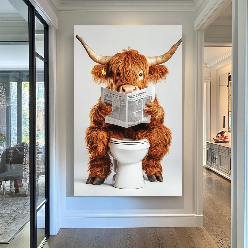 Funny Highland Cow Bathroom Art, Quirky Cow on Toilet Print, Whimsical Animal Wall Decor, Farmhouse Bathroom Humor Artwork