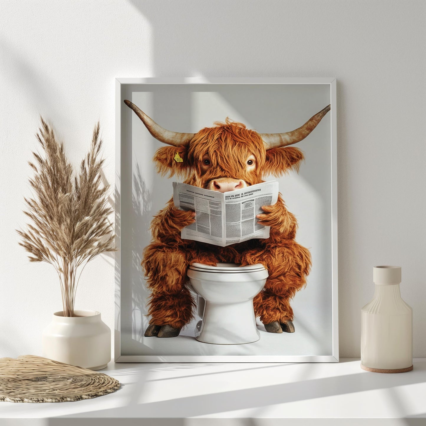 Funny Highland Cow Bathroom Art, Quirky Cow on Toilet Print, Whimsical Animal Wall Decor, Farmhouse Bathroom Humor Artwork