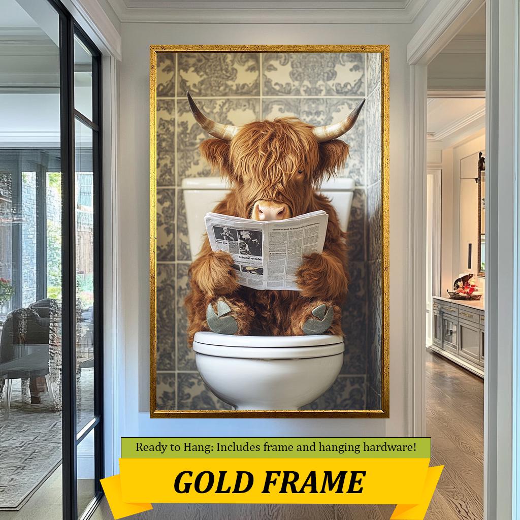 Funny Highland Cow Bathroom Wall Art, Whimsical Animal Reading Print, Quirky Farmhouse Humor Decor, Unique Toilet Artwork