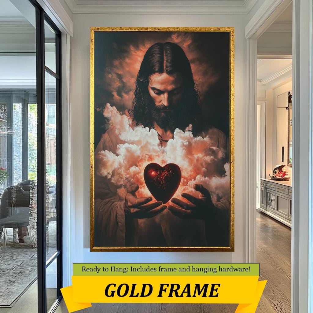 Sacred Heart of Jesus Art Print, Divine Christian Wall Decor, Spiritual Savior with Glowing Heart, Dramatic Religious Artwork