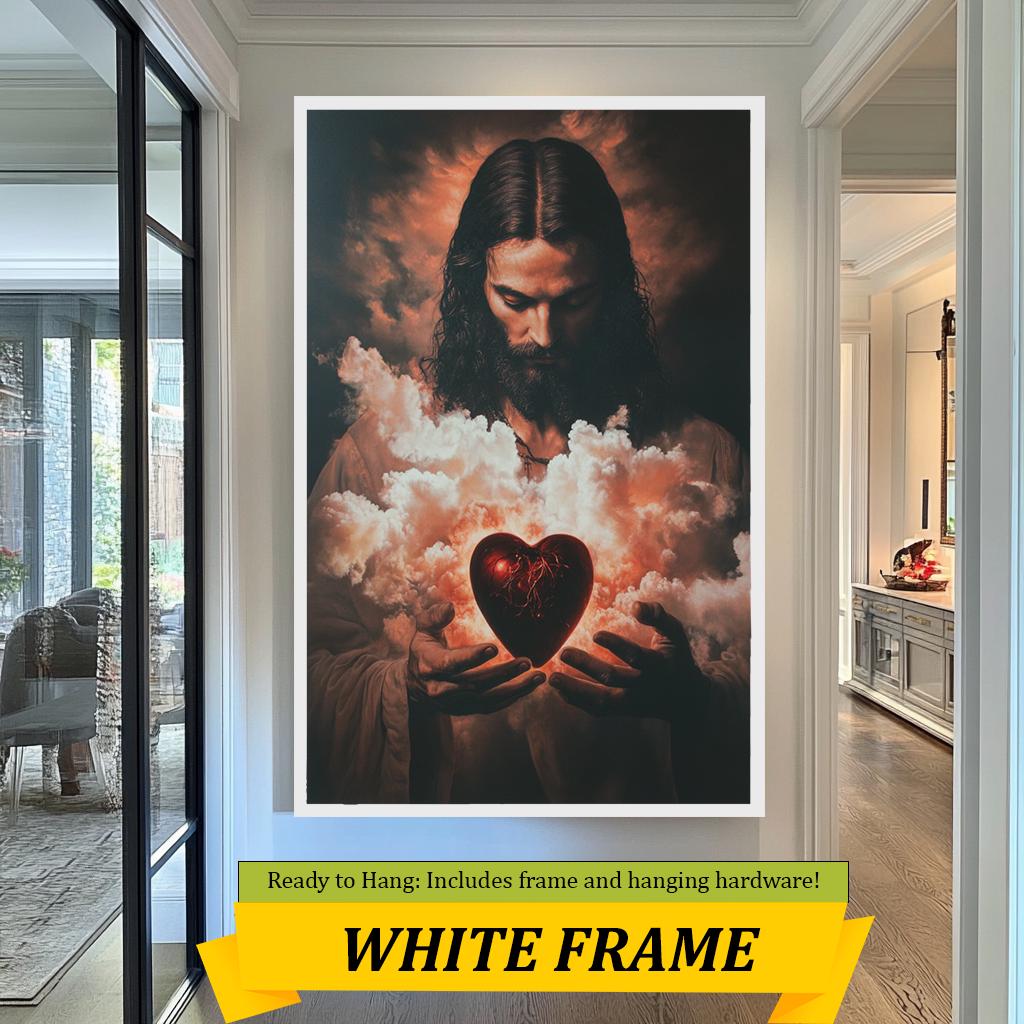 Sacred Heart of Jesus Art Print, Divine Christian Wall Decor, Spiritual Savior with Glowing Heart, Dramatic Religious Artwork