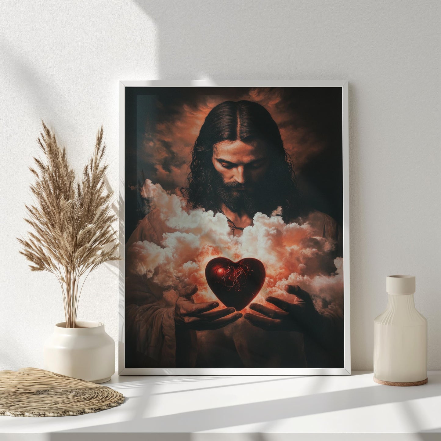 Sacred Heart of Jesus Art Print, Divine Christian Wall Decor, Spiritual Savior with Glowing Heart, Dramatic Religious Artwork