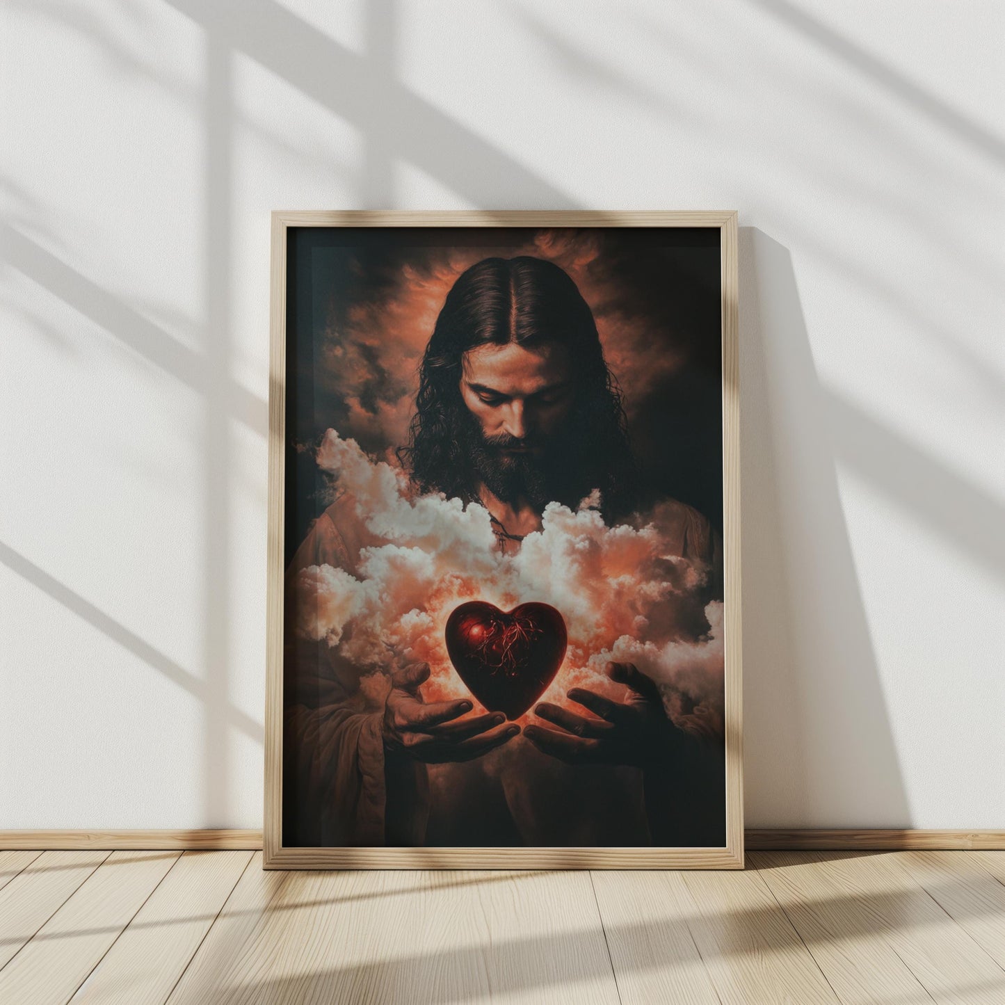 Sacred Heart of Jesus Art Print, Divine Christian Wall Decor, Spiritual Savior with Glowing Heart, Dramatic Religious Artwork