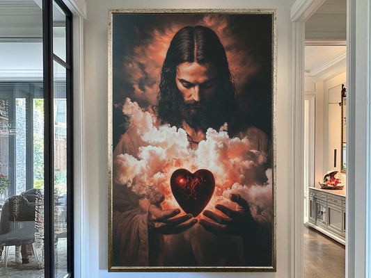 Sacred Heart of Jesus Art Print, Divine Christian Wall Decor, Spiritual Savior with Glowing Heart, Dramatic Religious Artwork