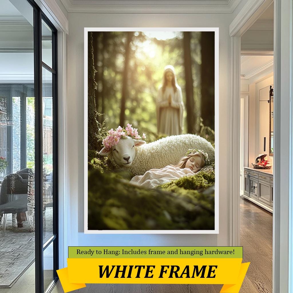 Enchanting Sleeping Child with Lamb Photo, Forest Dream Scene, Floral Crown, Sheep Prints , Nursery Wall Decor, Gift for Nature Lovers