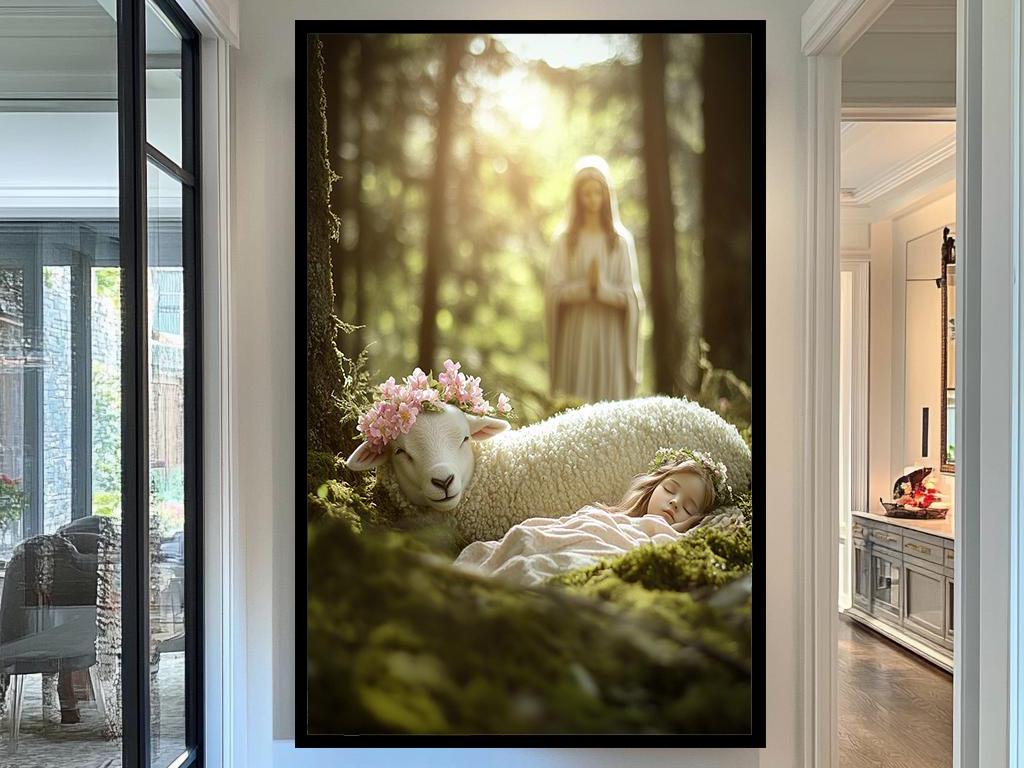 Enchanting Sleeping Child with Lamb Photo, Forest Dream Scene, Floral Crown, Sheep Prints , Nursery Wall Decor, Gift for Nature Lovers