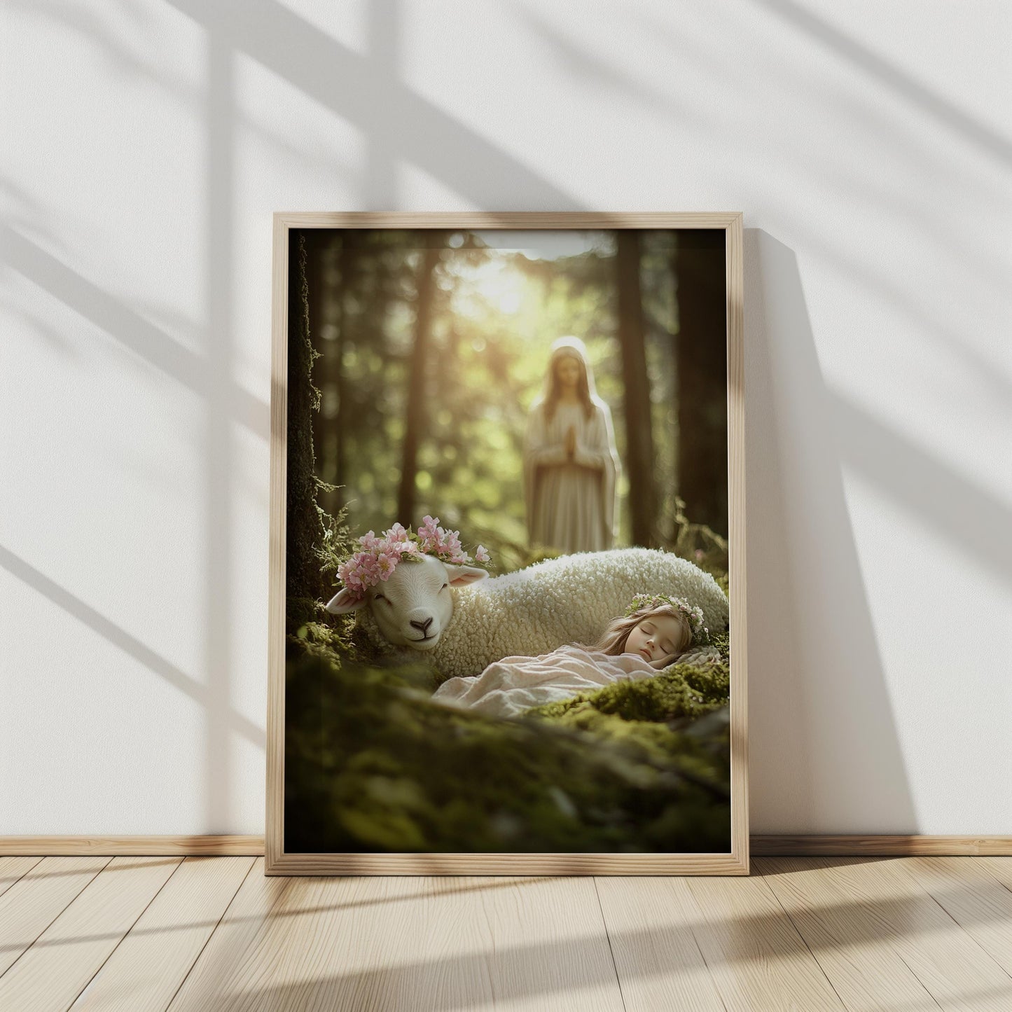 Enchanting Sleeping Child with Lamb Photo, Forest Dream Scene, Floral Crown, Sheep Prints , Nursery Wall Decor, Gift for Nature Lovers