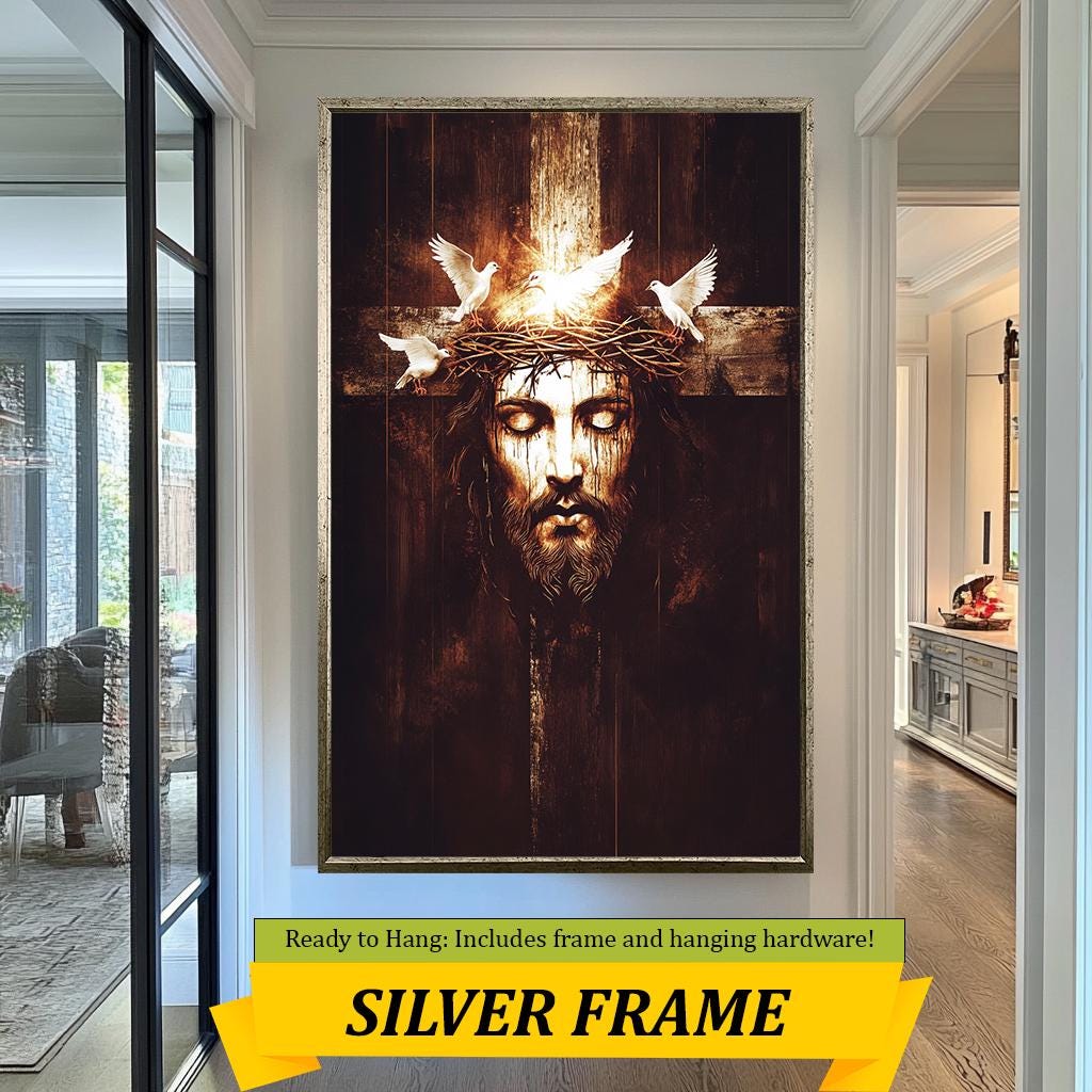 Jesus Crown of Thorns Art, Cross and Doves Spiritual Wall Decor, Christian Fine Art Print, Religious Gift, Religious Home & Prayer Room Art